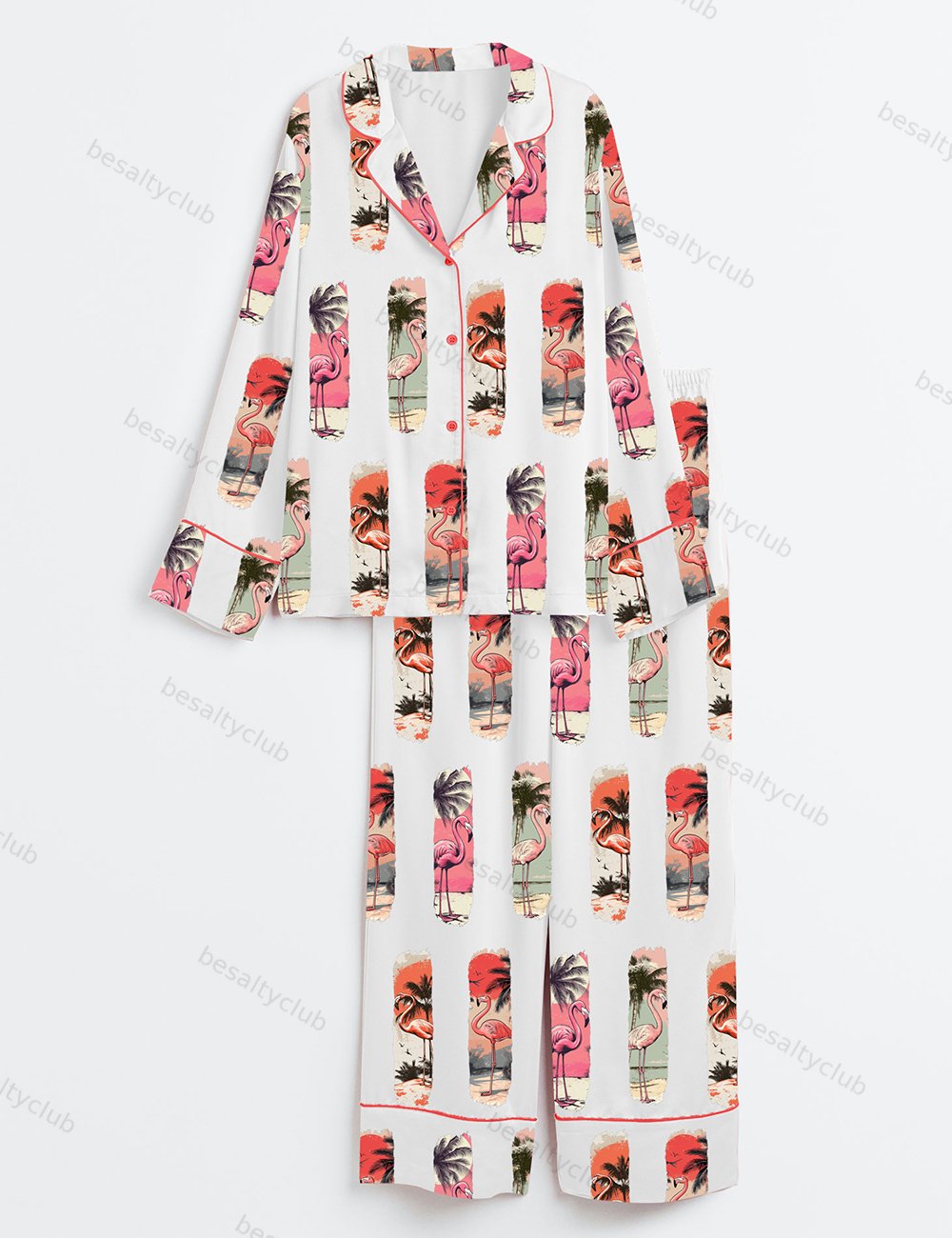 Flamingo Summer Vintage Pink Summer Flamingo Print Long Sleeve Satin Pajama Set
