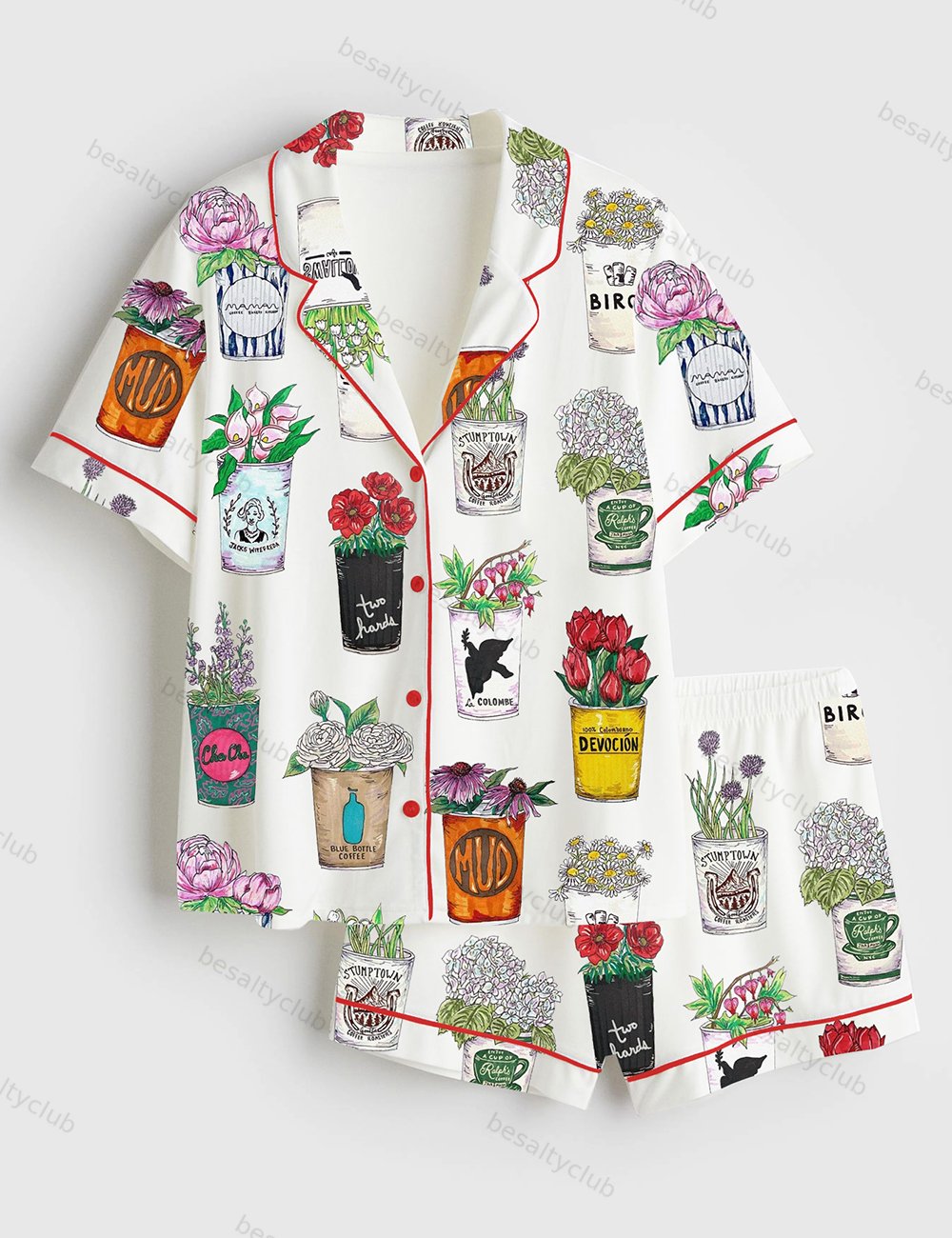 New York City Coffee Art Short Sleeve Satin Pajama Set