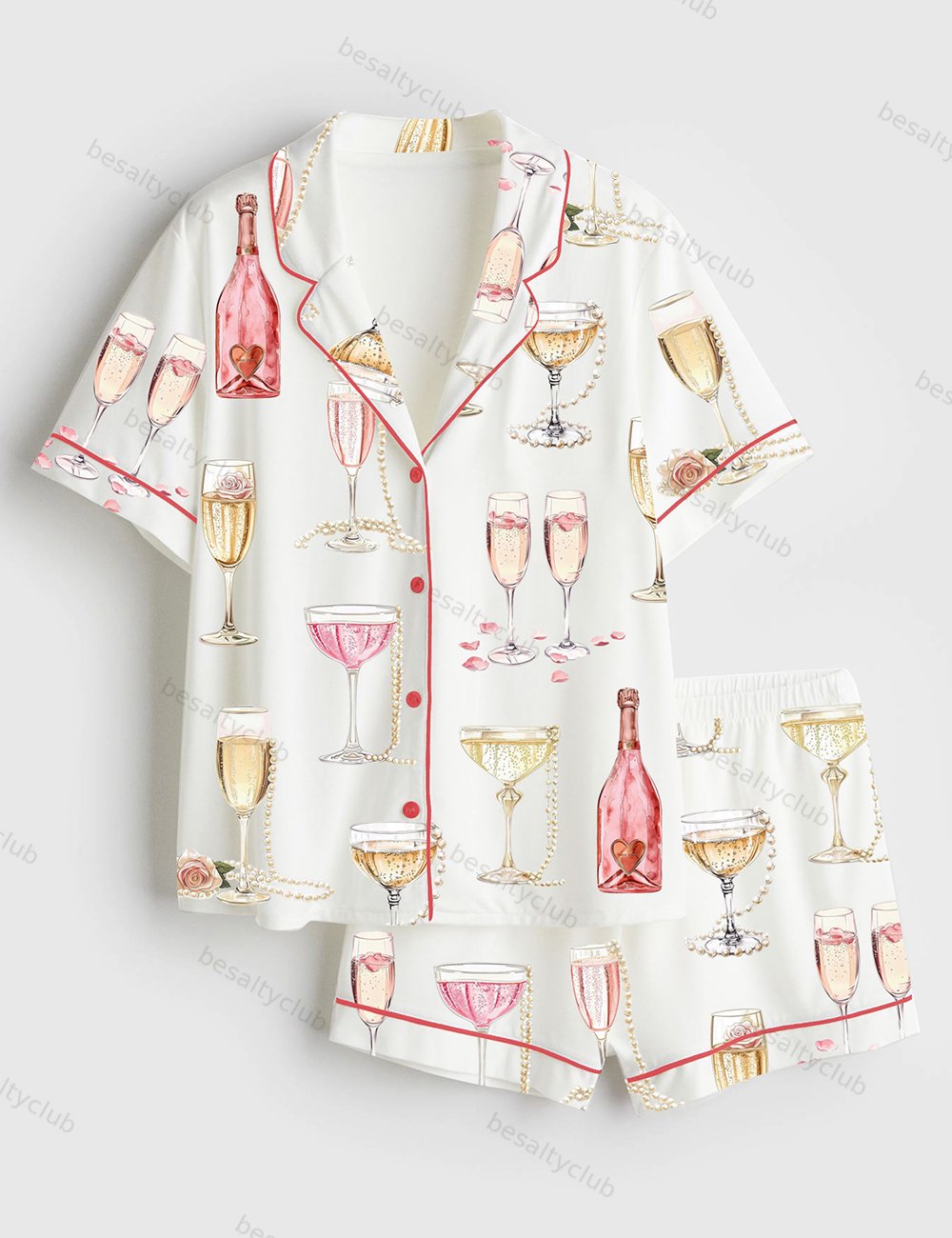 Pearls And Prosecco Bridal Shower Party Champagne Print Short Sleeve Satin Pajama Set