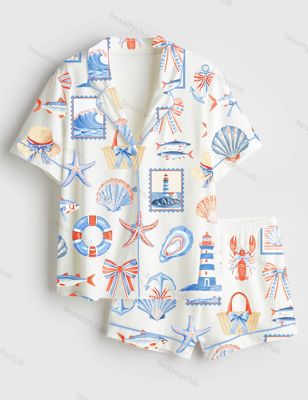 Fisherman Travel Aesthetic Coastal Coquette Fisherman Print Short Sleeve Satin Pajama Set