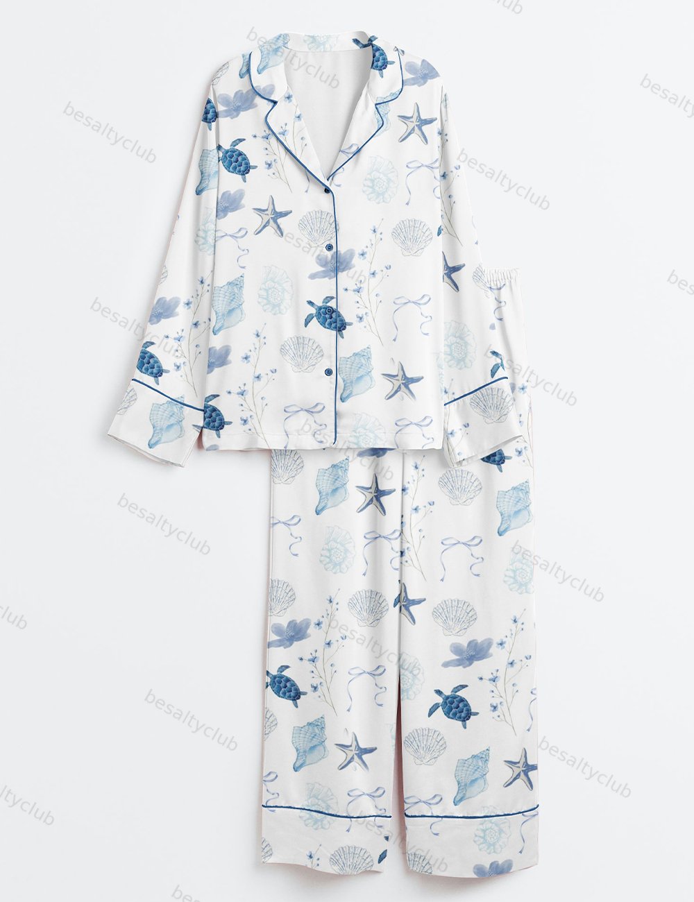 Summer Beach Ocean Coastal Summer Nautical Turtle Conch Bow Long Sleeve Satin Pajama Set