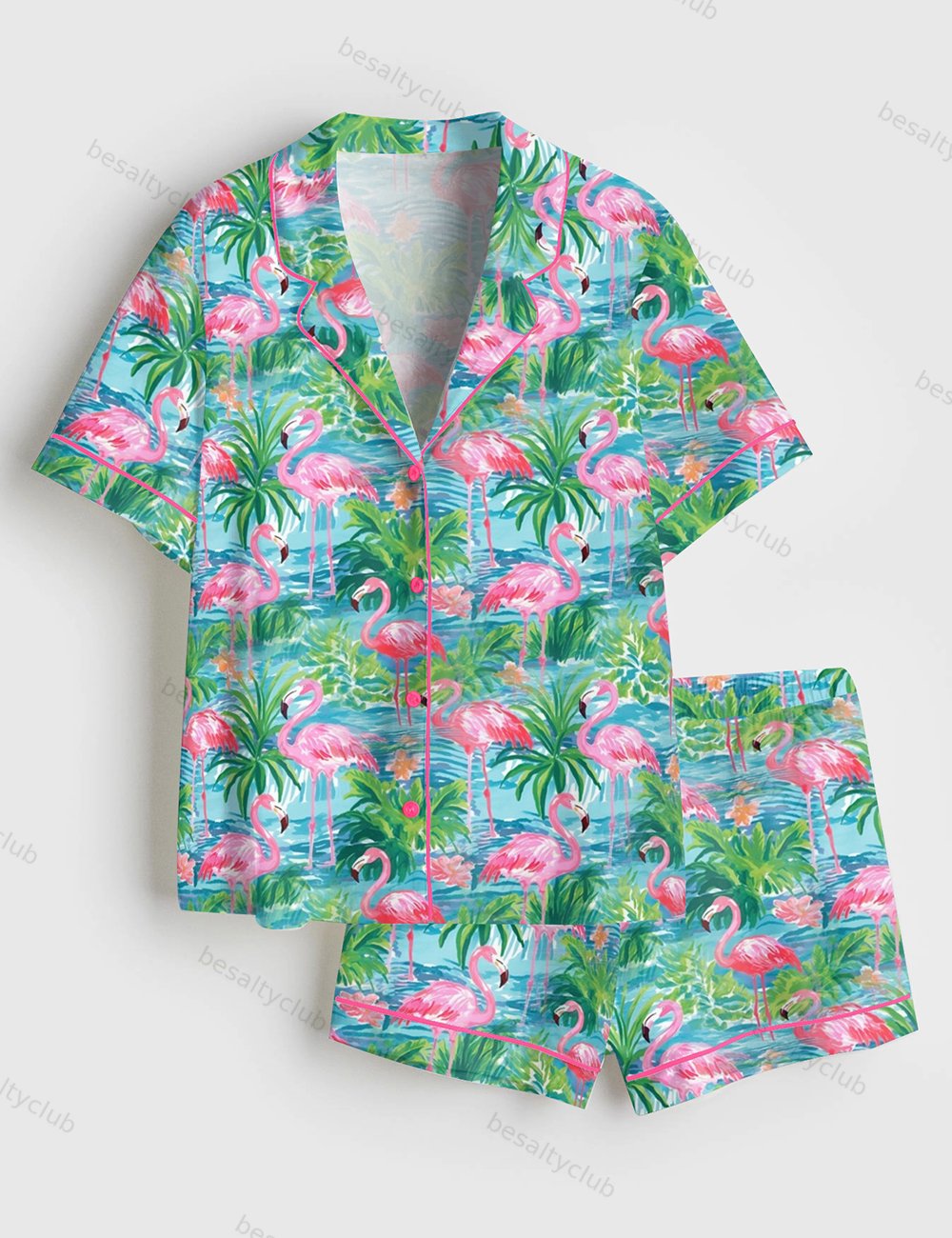 Flamingo Fling Summer Beach Plant Short Sleeve Satin Pajama Set