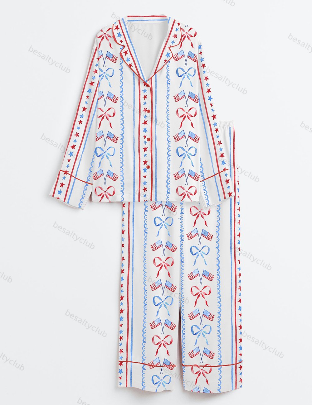 Red White And Blue Bow And Flag 4th Of July Long Sleeve Satin Pajama Set