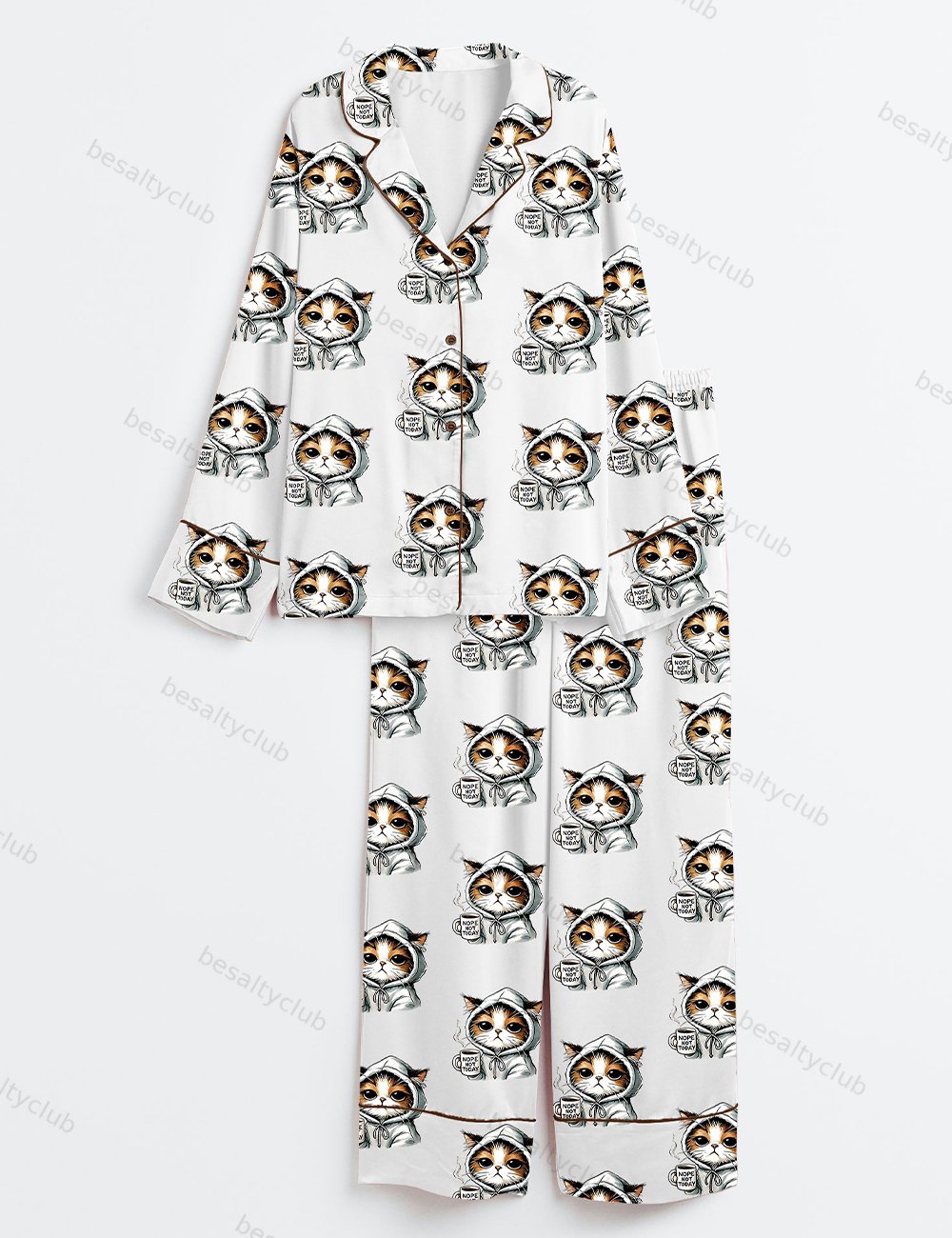 Nope Not Today Cute Cat Funny Cats Lover Print Long Sleeve Satin Pajama Set