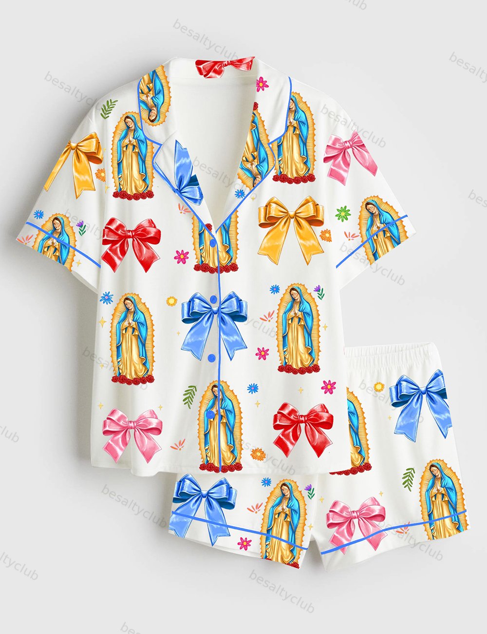 Our Lady Of Guadalupe Religious Latina Catholic Guadalupe Coquette Bow Short Sleeve Satin Pajama Set