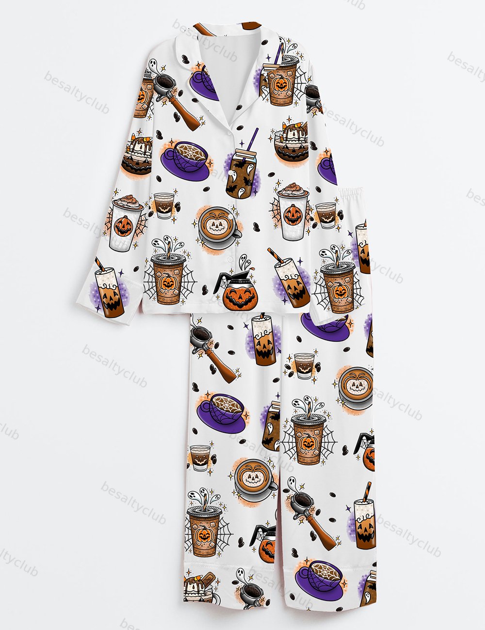 Halloween Coffee Long Sleeve Satin Pajama Set
