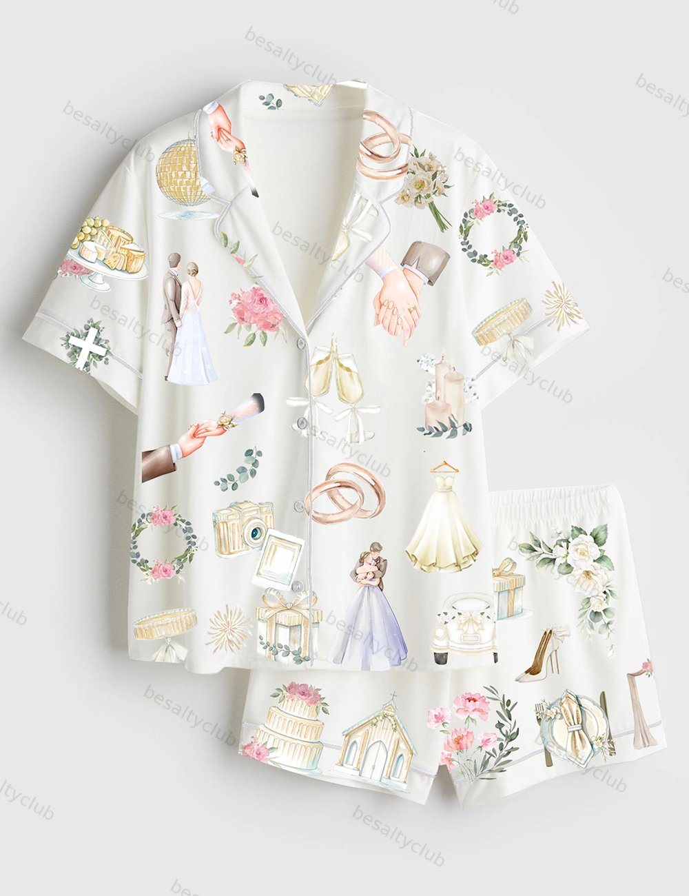 Wedding Timeline Watercolor Wedding Bride Groom Floral Elements Summer Marriage Print Short Sleeve Satin Pajama Set