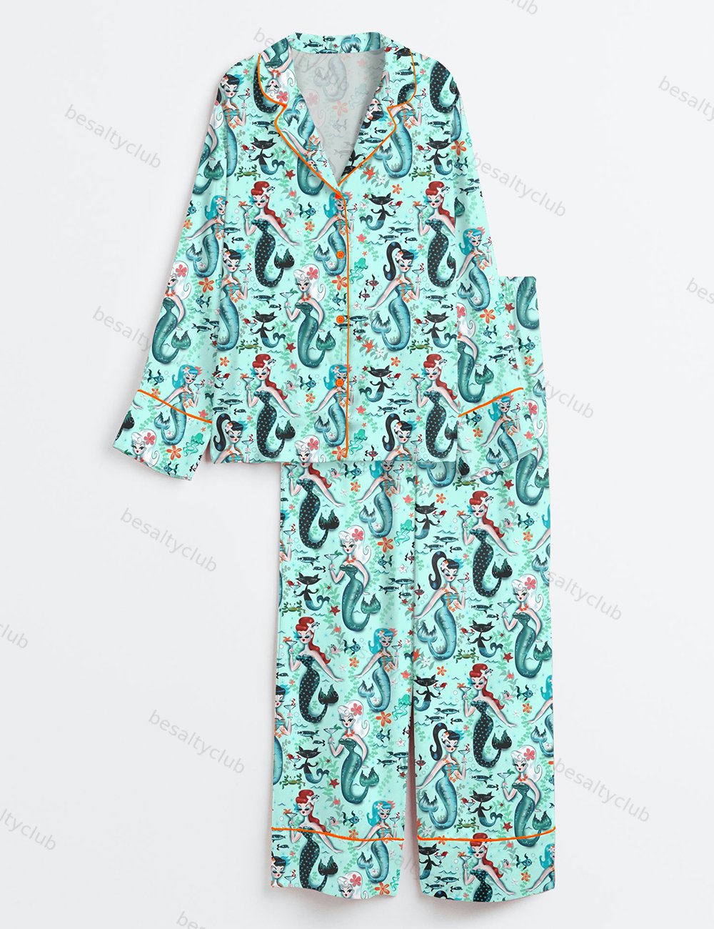 Aqua Retro Mermaids Teal Pinup Girls Martini Mermaids Long Sleeve Satin Pajama Set