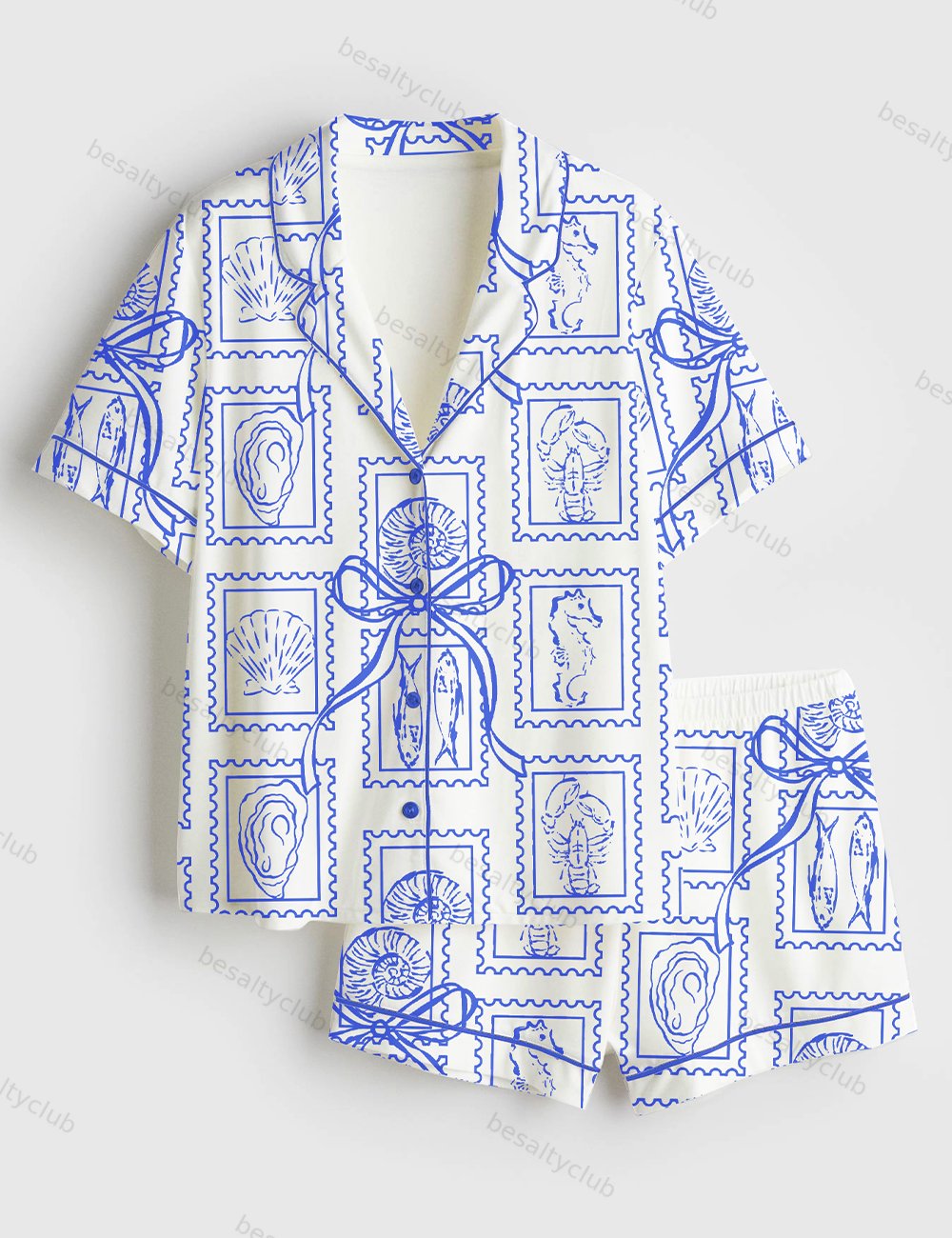 Summer Oyster Coastal Trendy Summer Beach Aesthetic Summer Print Short Sleeve Satin Pajama Set