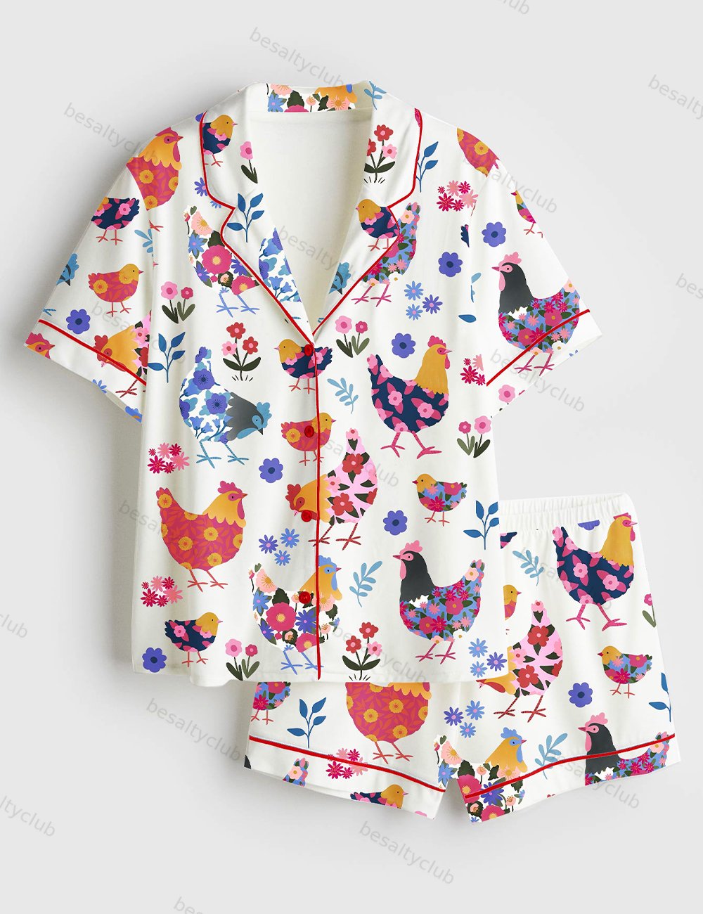 Flowers Chickens Lovers Short Sleeve Satin Pajama Set