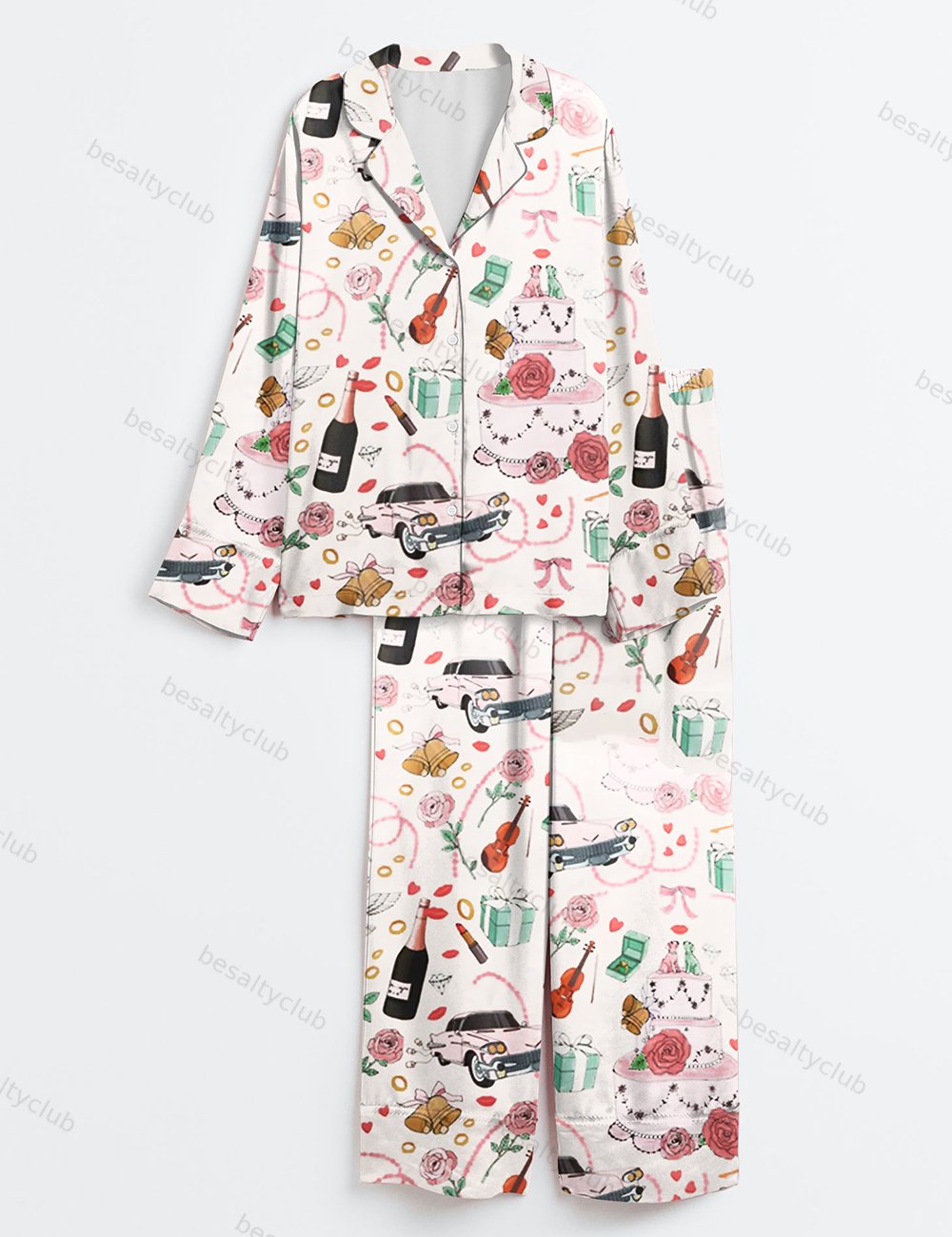 Whimsical Wedding Long Sleeve Satin Pajama Set