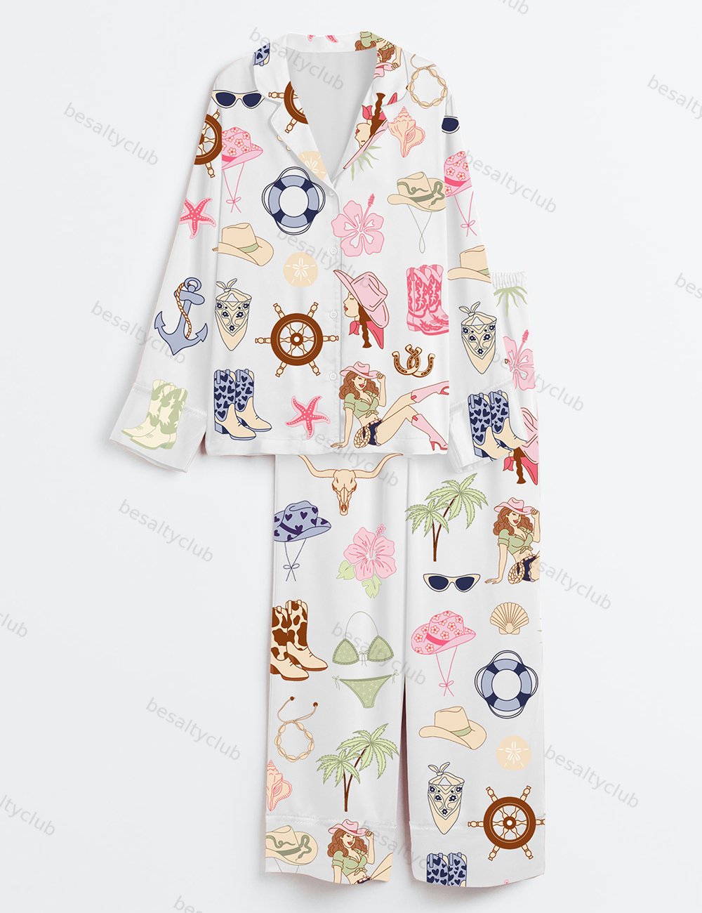 Women's Coastal Cowgirl Elements Western Cowboy Beach Summer Bachelorette Retro Rodeo Long Sleeve Satin Pajama Set