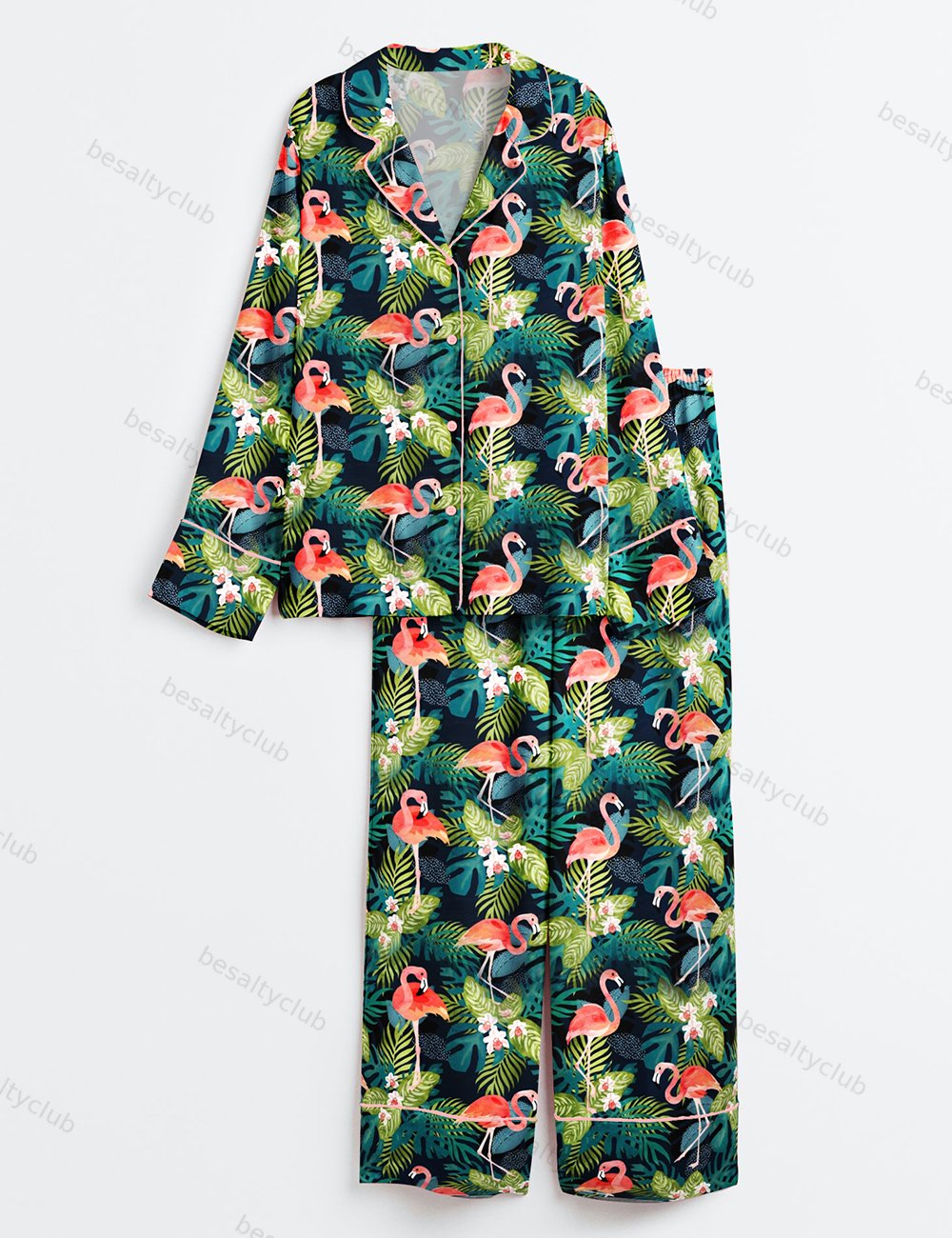 Flamingo Tropics Summer Beach Plant Long Sleeve Satin Pajama Set