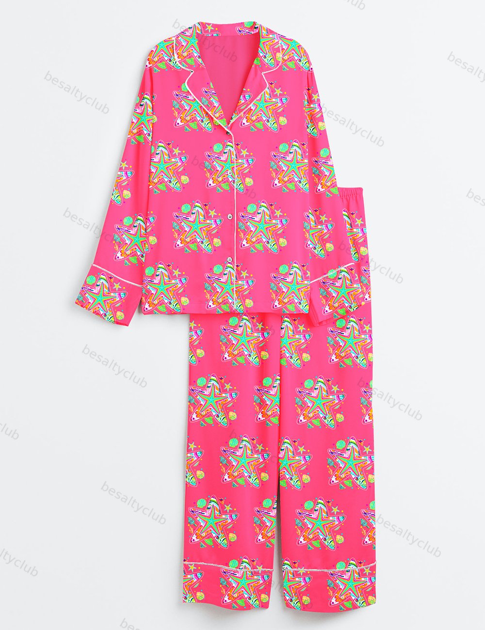 Preppy Starfish Coquette Summer Vibes Beach Long Sleeve Satin Pajama Set