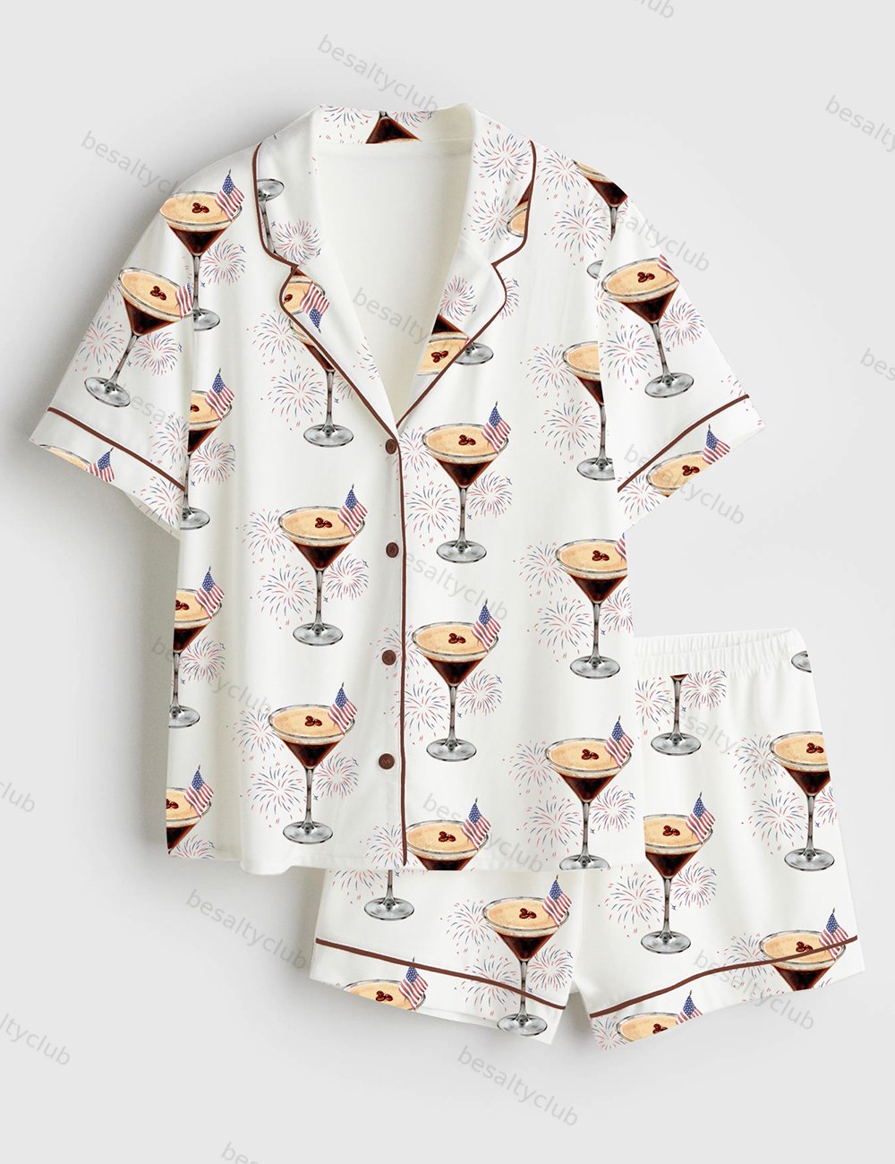 4th Of July Espresso Martini Retro Fireworks Short Sleeve Satin Pajama Set