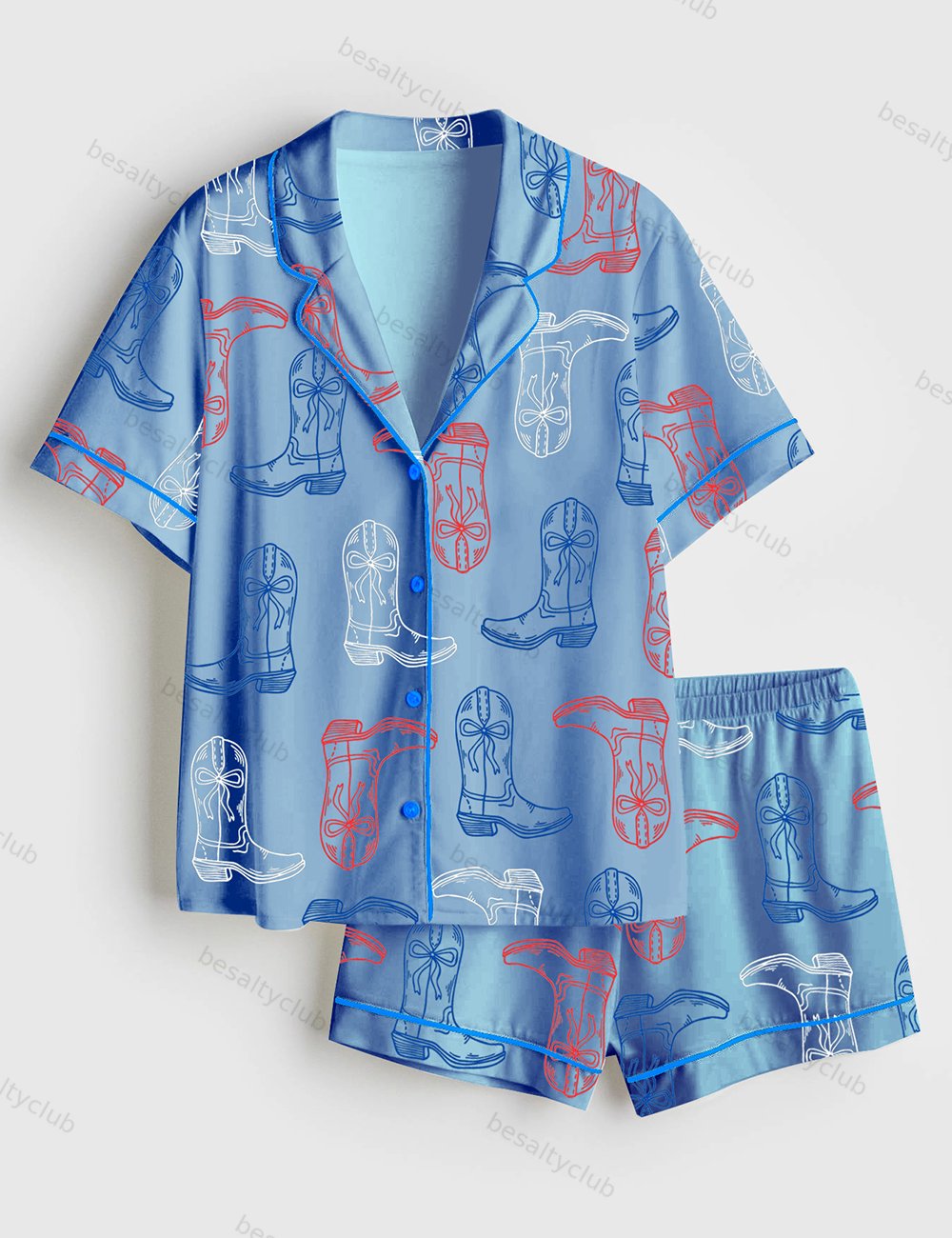 Red White Blue Cowgirl Boots Western 4th Of July Print Short Sleeve Satin Pajama Set