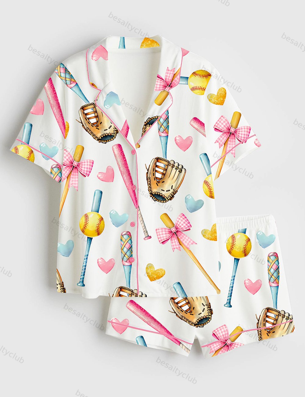 Softball Bow Softball Mom Softball Girl Short Sleeve Satin Pajama Set