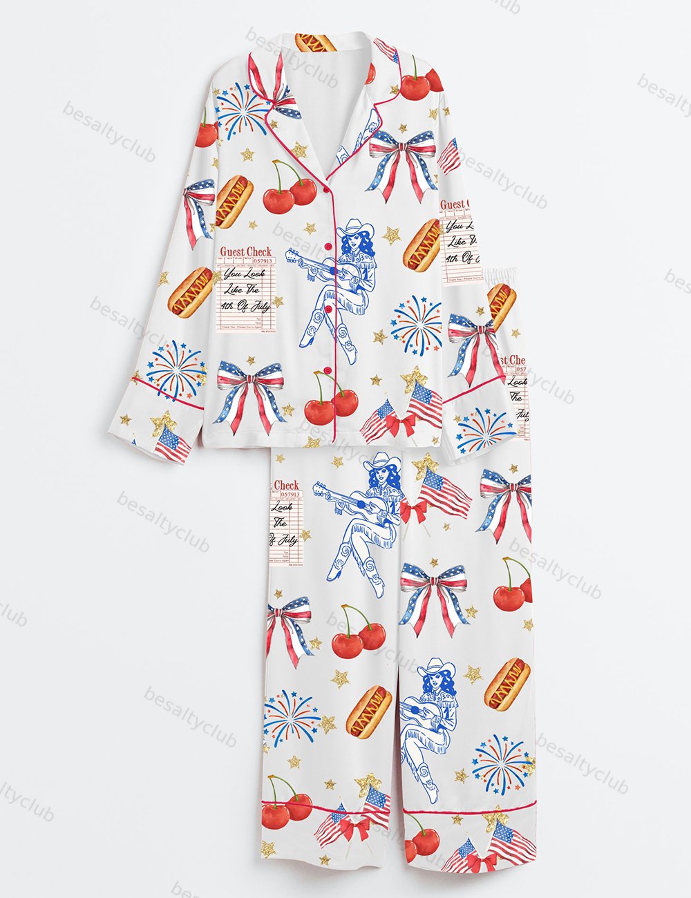 Coquette 4th Of July American Cowgirl Coquette Cowgirl Patriotic Western Long Sleeve Satin Pajama Set