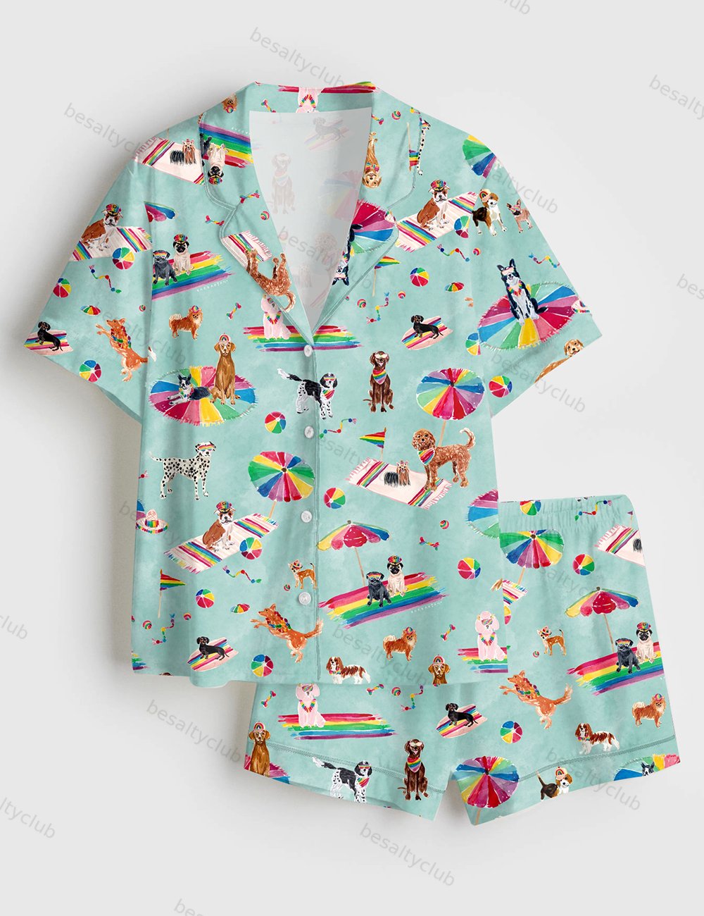 Rainbow Pride Summer Beach Dog Short Sleeve Satin Pajama Set