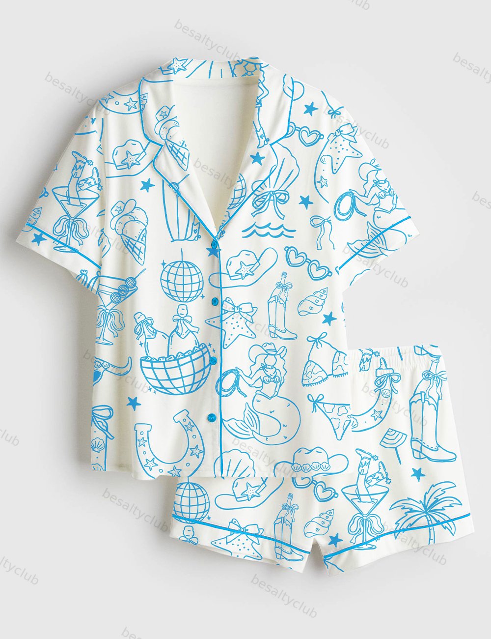 Hand Drawn Whimsical Coastal Beach Cowgirl Western Cowgirl Print Short Sleeve Satin Pajama Set