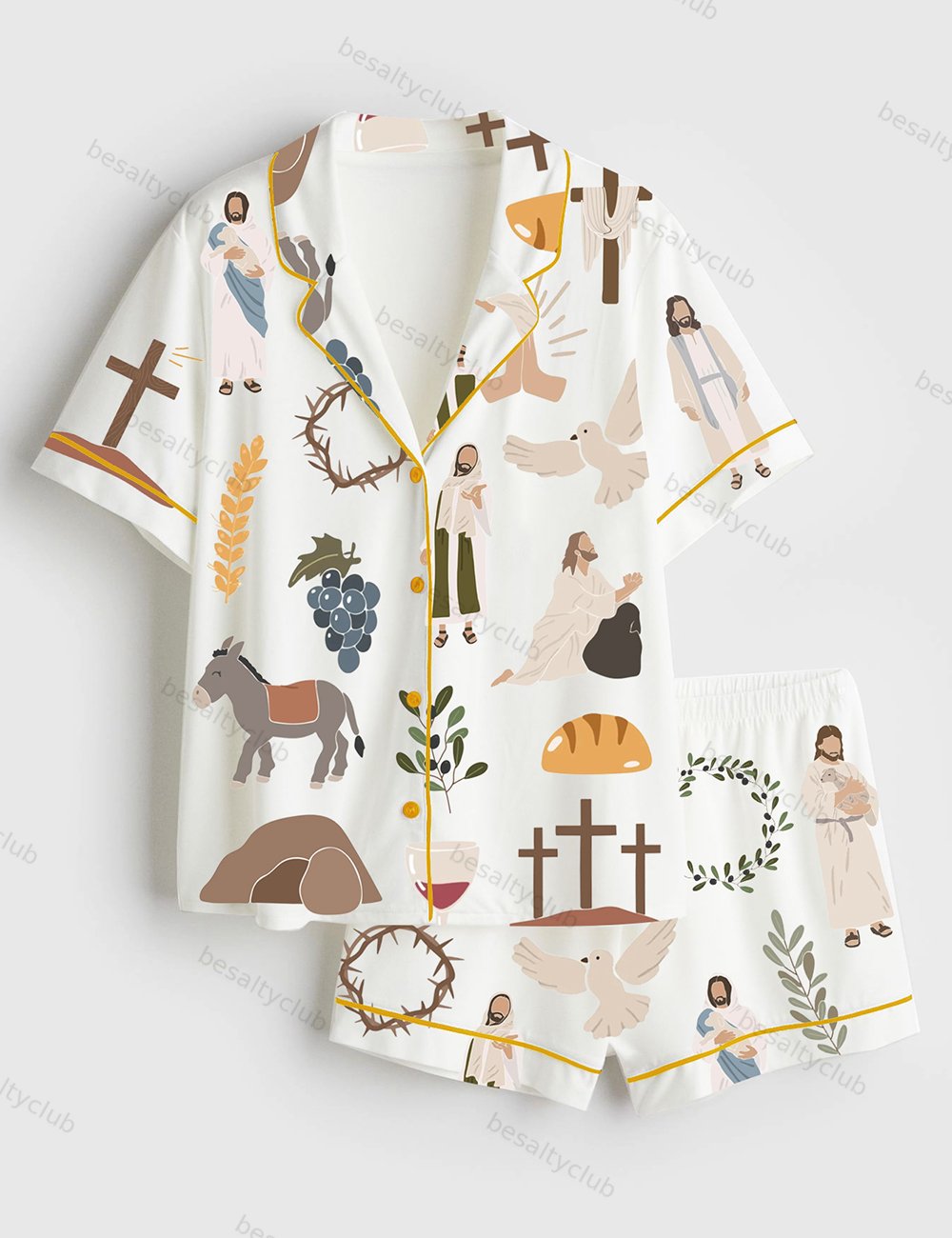 Jesus Christian Bible Peace Love Faith Wine Short Sleeve Satin Pajama Set