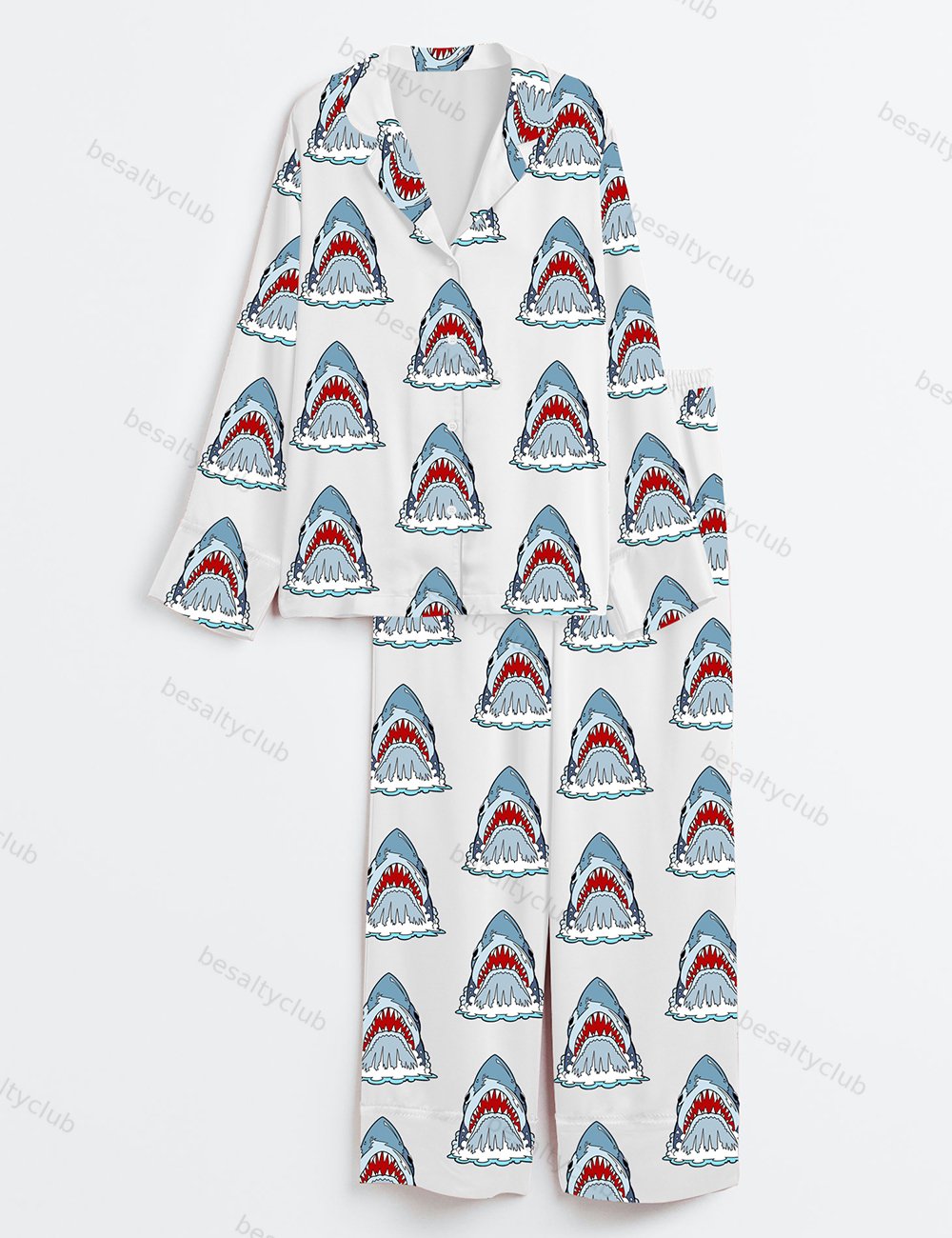 Women's Retro Shark Movie Long Sleeve Satin Pajama Set
