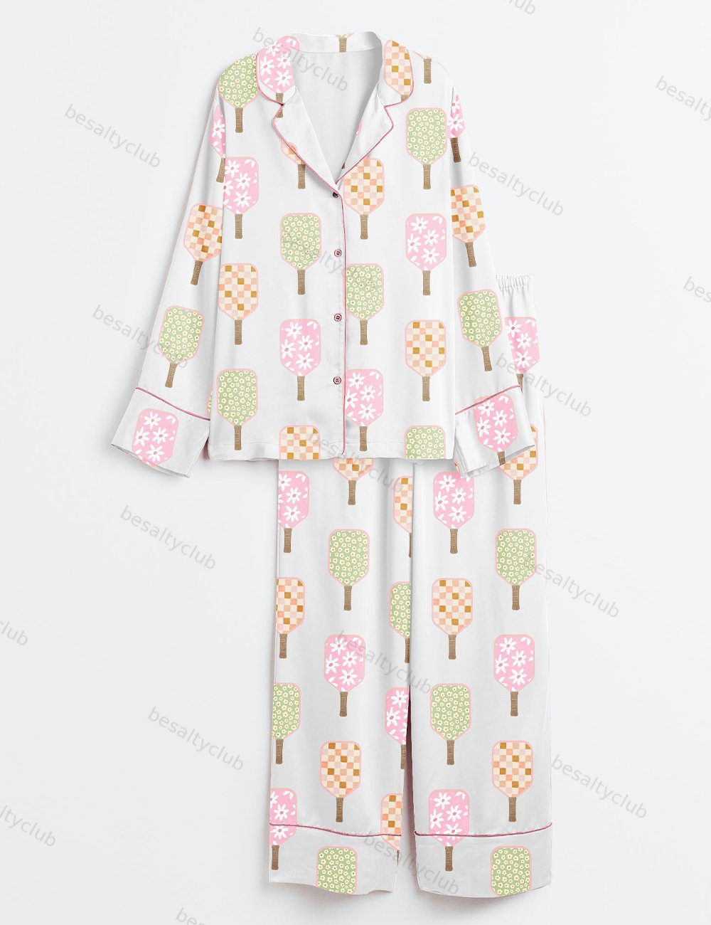 Watercolor Pickleball Paddles Pickleball Social Club Print Long Sleeve Satin Pajama Set