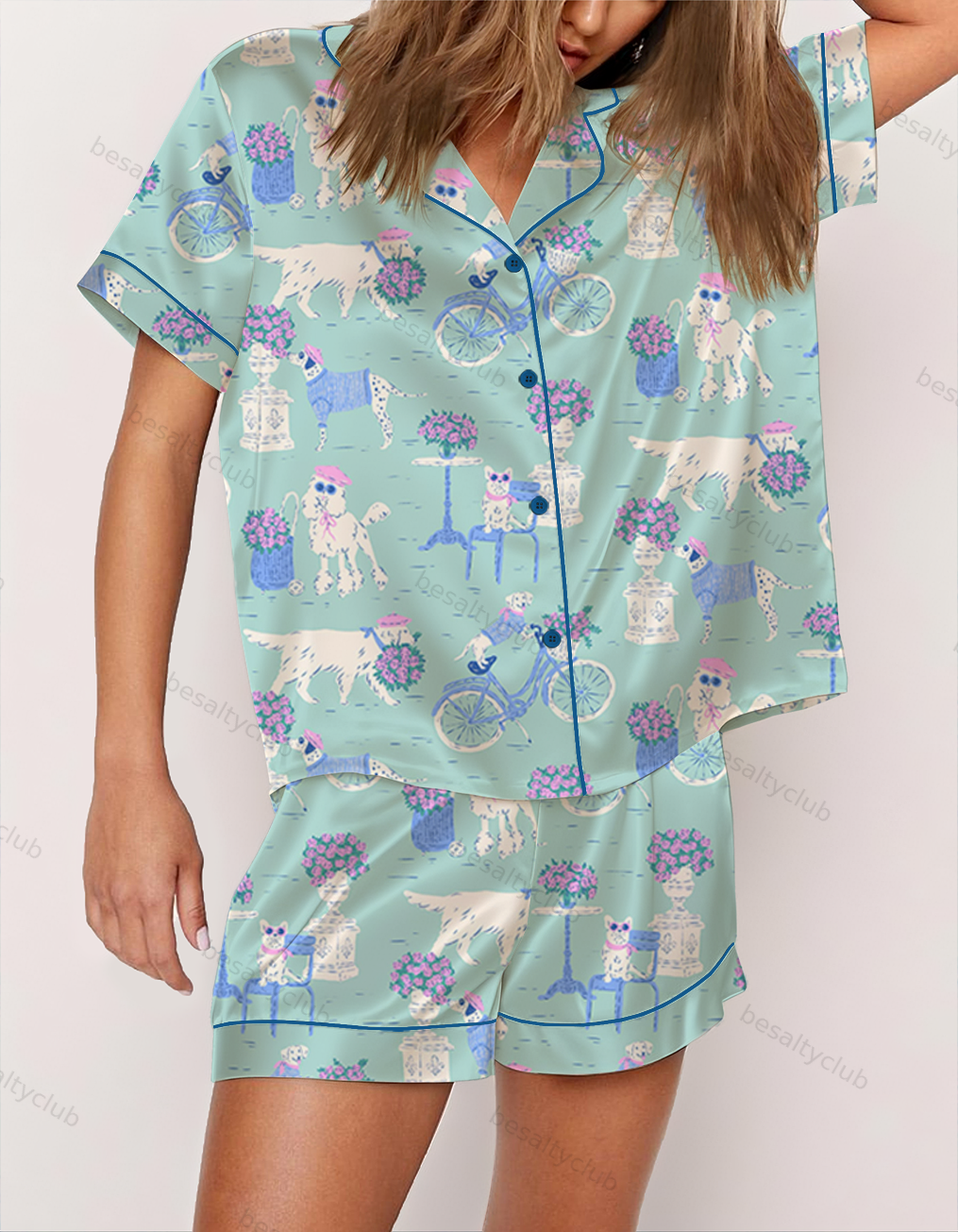 Cute Paris Dogs Satin Pajama Set