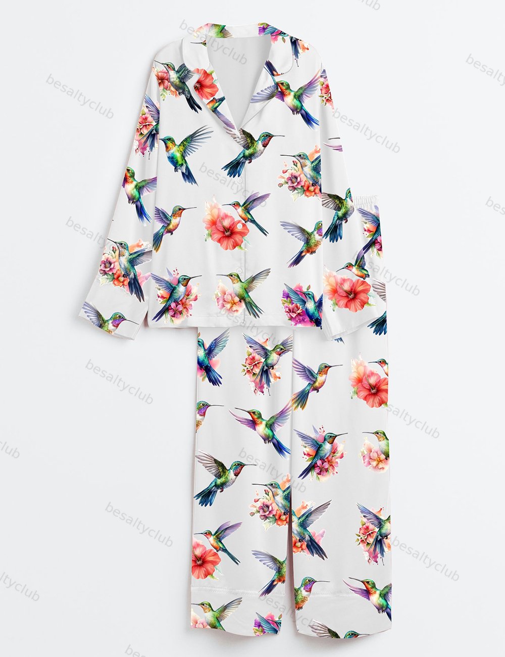 Watercolor Hummingbirds Long Sleeve Satin Pajama Set