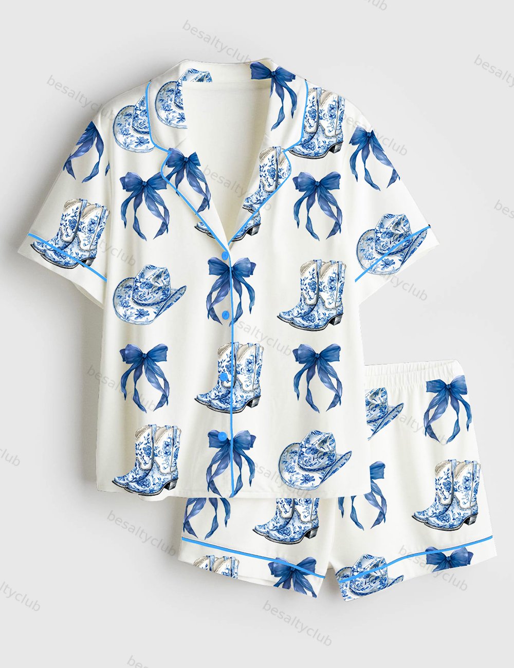 Blue Chinoiserie Cowgirl Blue Toile Bow & Boots Blue And White Western Short Sleeve Satin Pajama Set