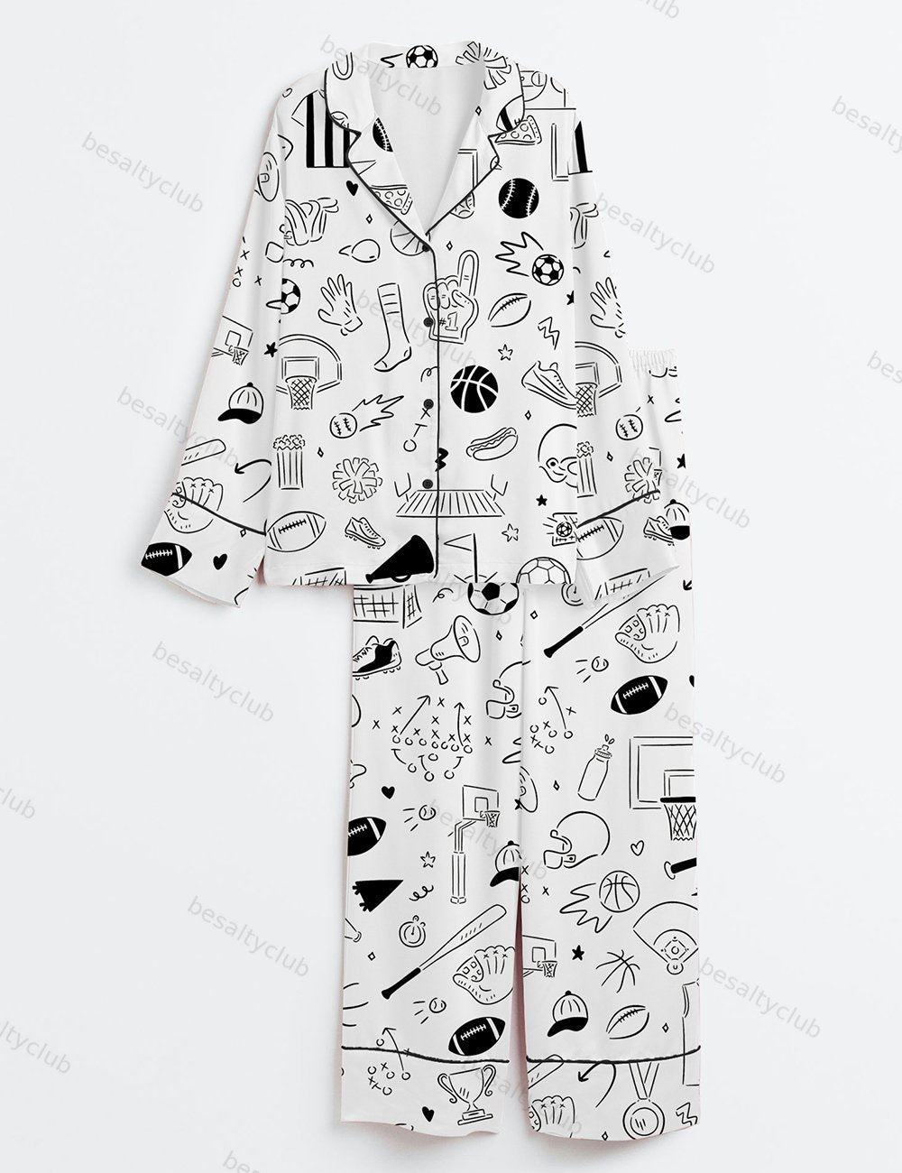Hand Drawn Sport Football Basketball Baseball Soccer Doodles Long Sleeve Satin Pajama Set