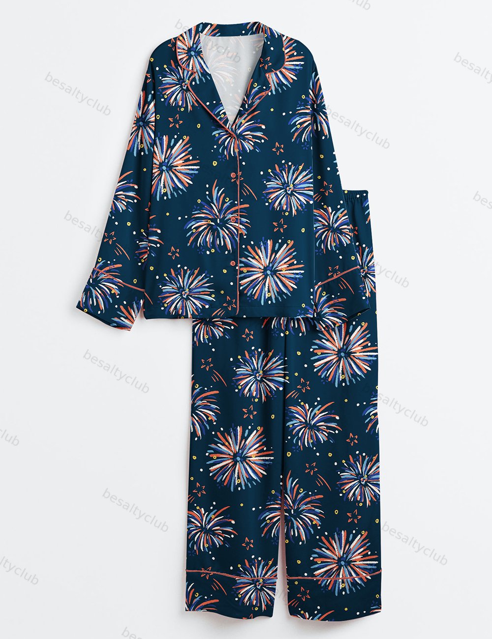 4th Of July Fireworks Patriotic Party Western Long Sleeve Satin Pajama Set