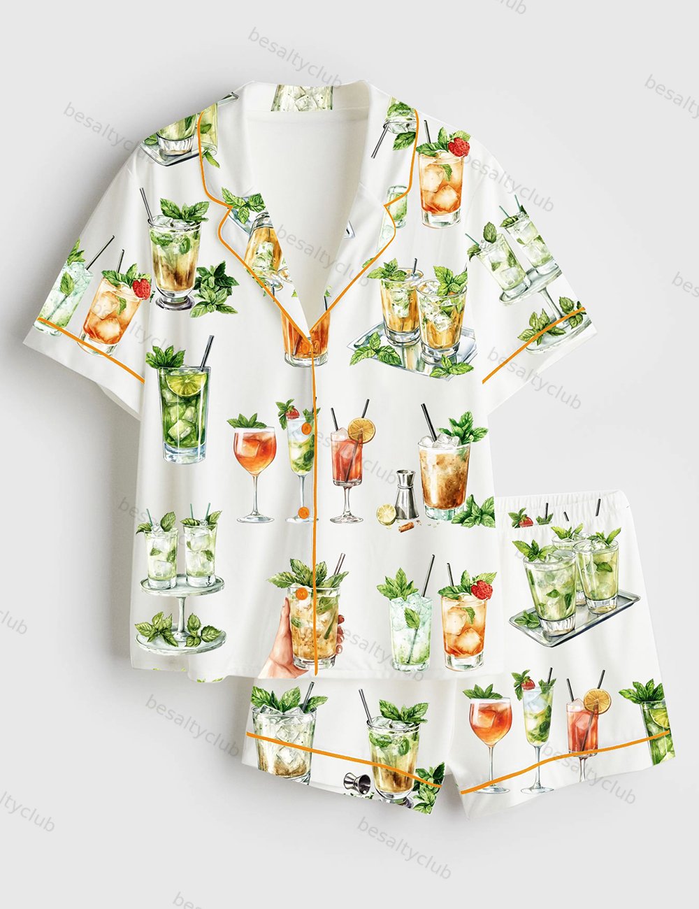 Watercolor Mint Julep Cocktail Alcoholic Mixed Drink Wedding Short Sleeve Satin Pajama Set