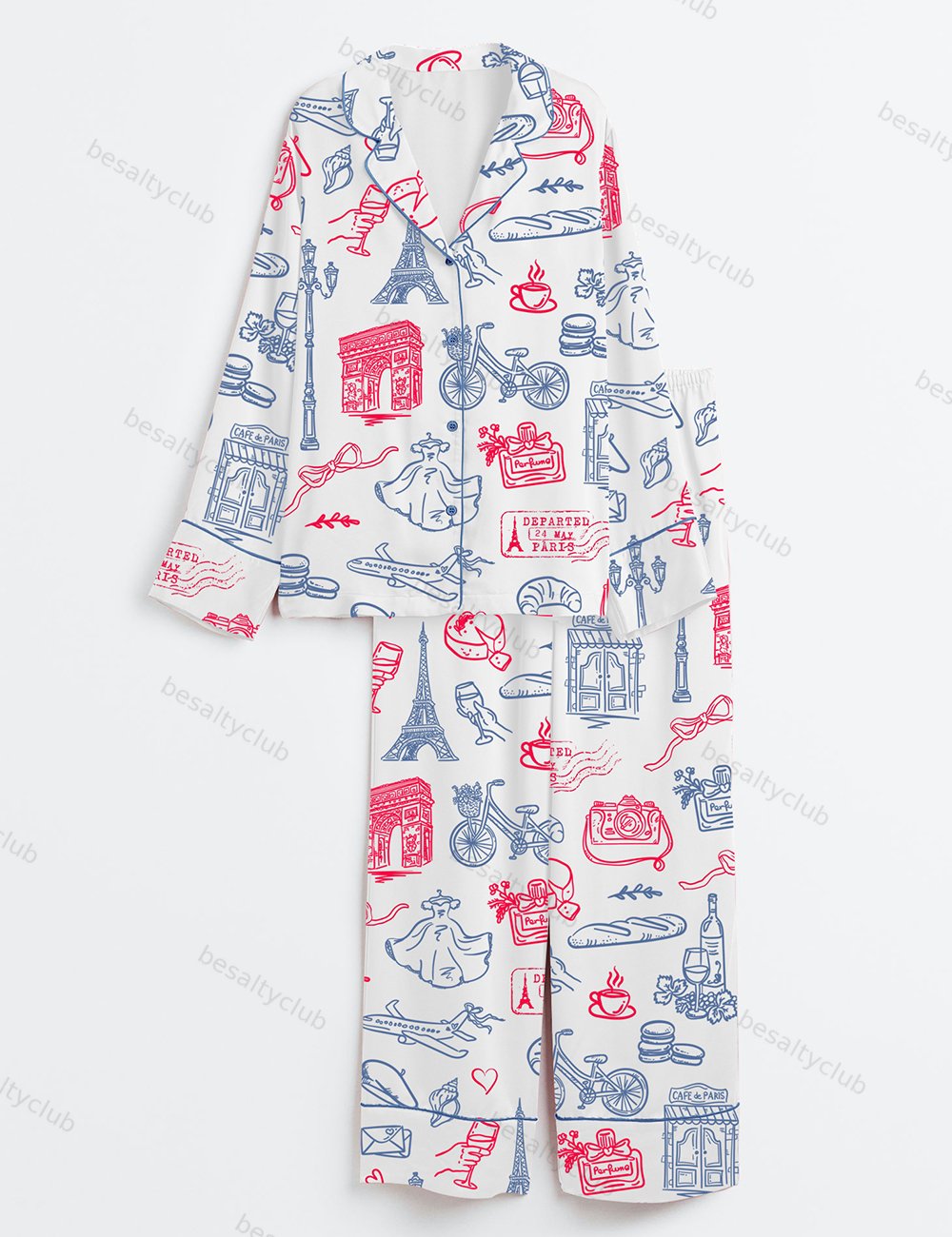 Paris Whimsical French Parisian Symbols Long Sleeve Satin Pajama Set