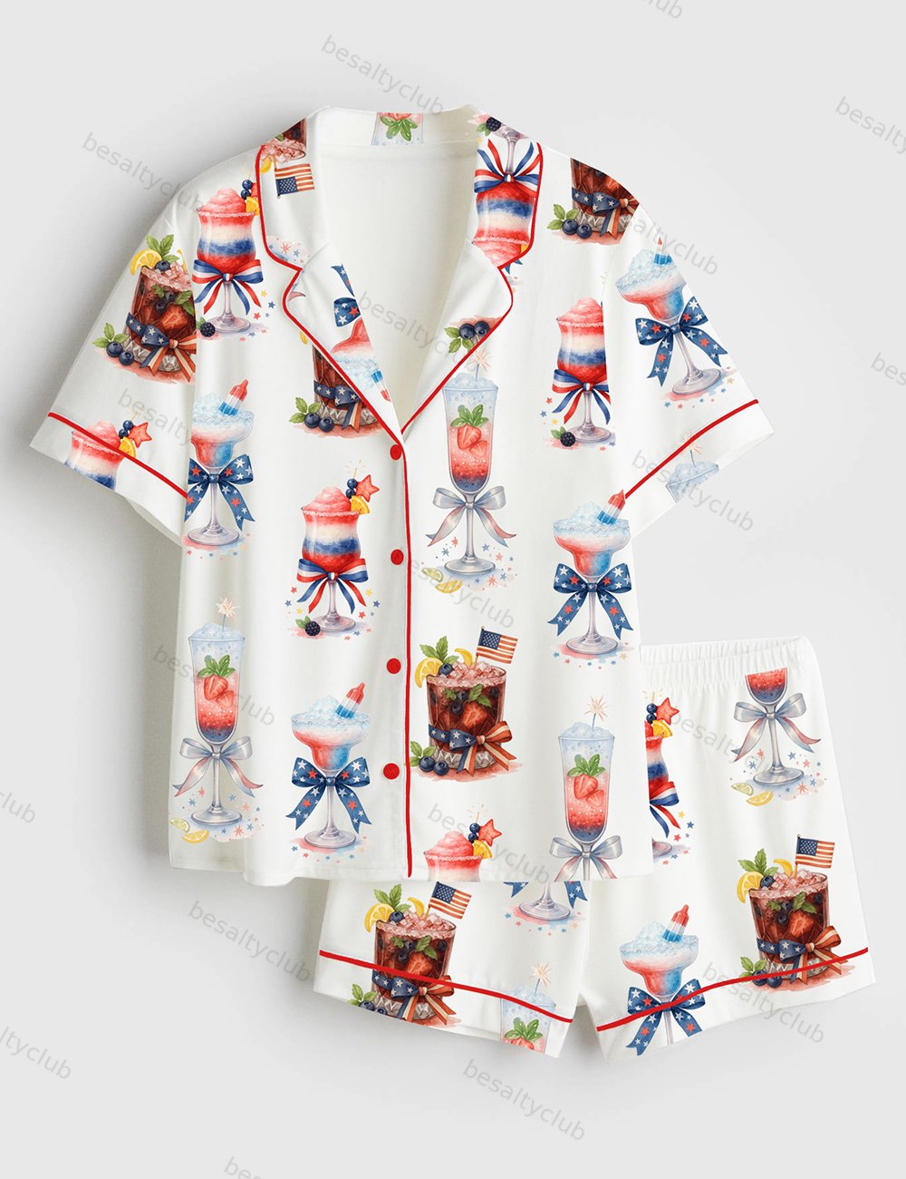 4th Of July Champagne Cocktail Patriotic Sparkler Cocktail Short Sleeve Satin Pajama Set