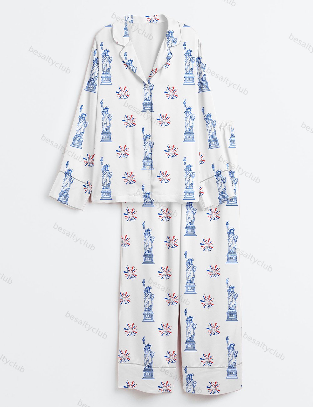 Statue Of Liberty Patriotic Freedom 4th Of July Pledge Of Allegiance Liberty And Justice For All Print Long Sleeve Satin Pajama Set