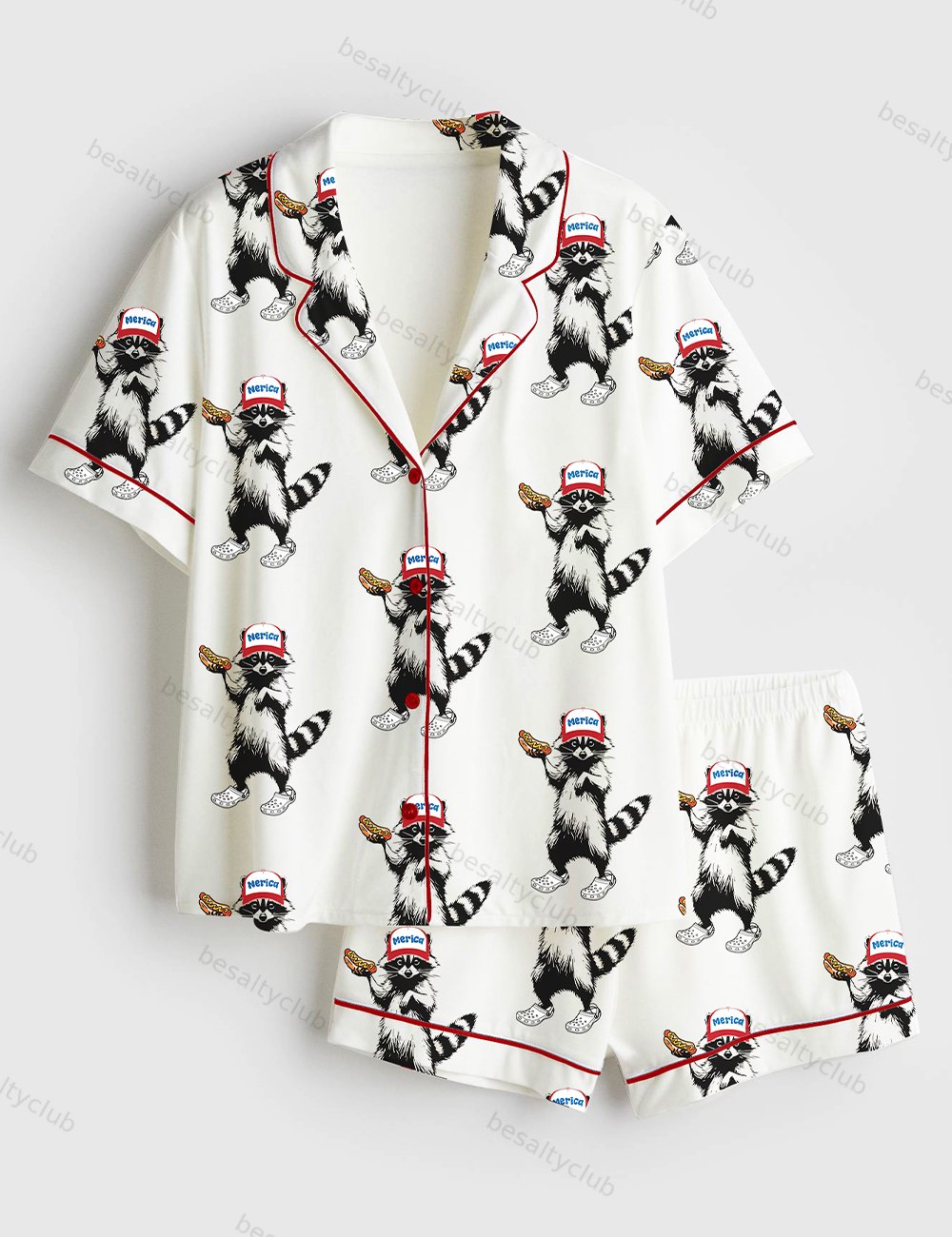 Red White And Feral Funny Raccoon 4th Of July Short Sleeve Satin Pajama Set