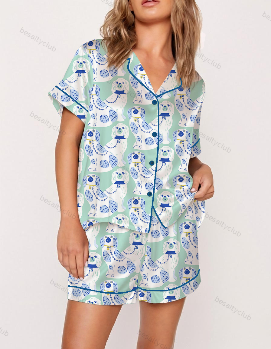 Blue Chinoserie Staffordshire Dogs Satin Pajama Set