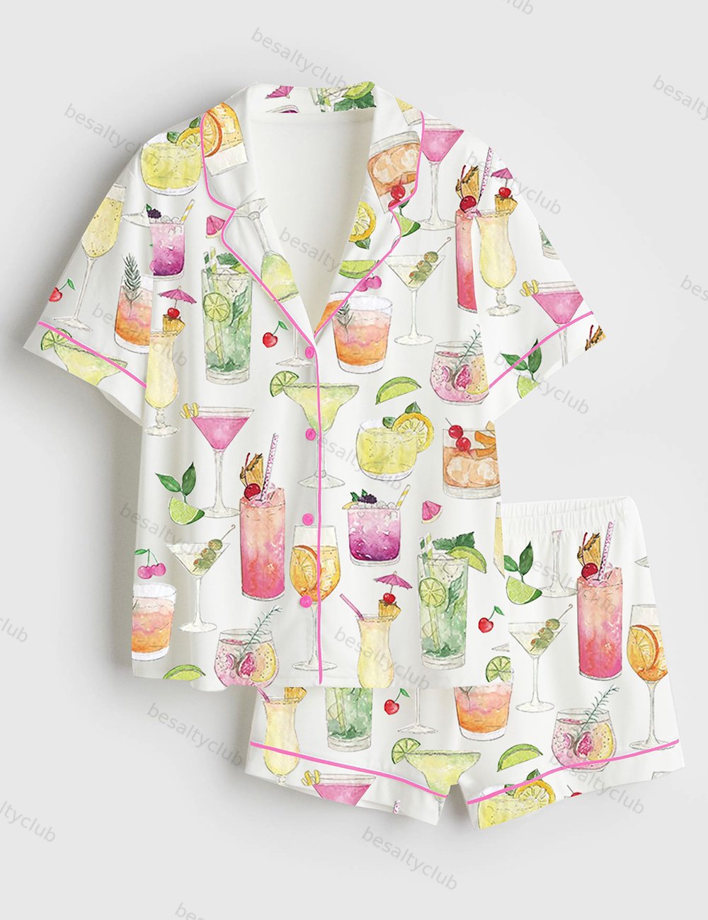 Summer Cocktail Wine Lovers Old Fashioned Short Sleeve Satin Pajama Set