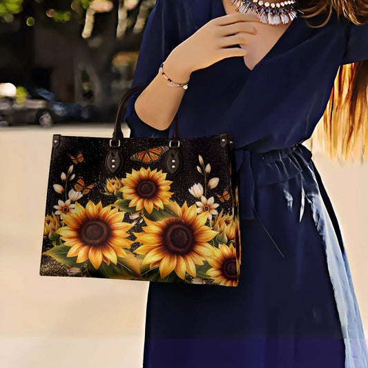 Leather Bag Golden Sunflower with Monarch Charm
