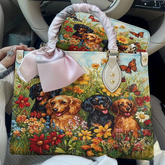 Leather Bag Beautiful Flowers Dachshund