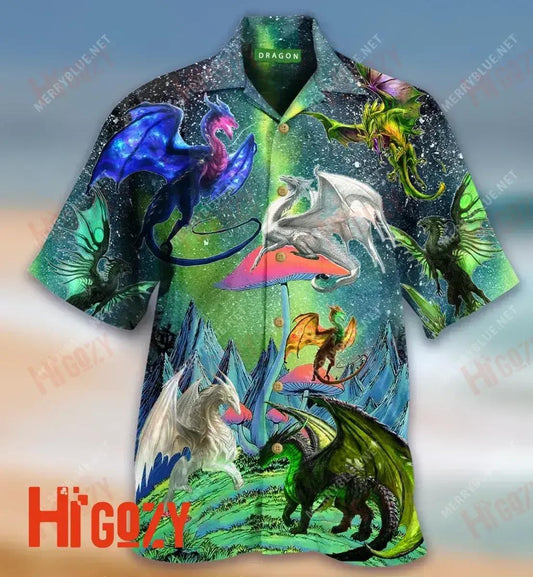 Dragons In Northern Lights Unisex Léine Gearr Haváís Laethanta Saoire Léinte Haváís is Fearr Léinte Crazy Haváí, Bronntanas Léine Haváís, Bronntanas Nollag