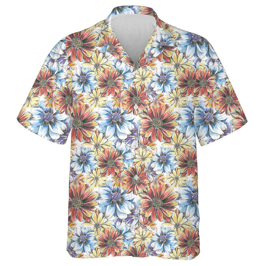 Vintage Watercolor Sunflower Chrysanthemum Flowers Floral Hawaiian Shirt, Hwaiian For Gift