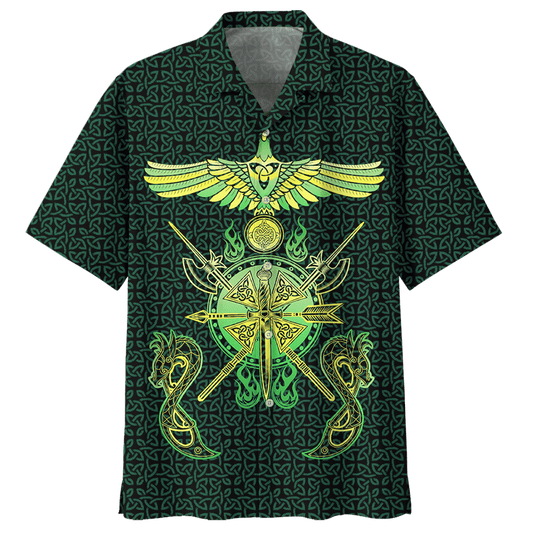 Yellow And Green Viking Bird Pattern Hawaiian Shirt, Hwaiian For Gift