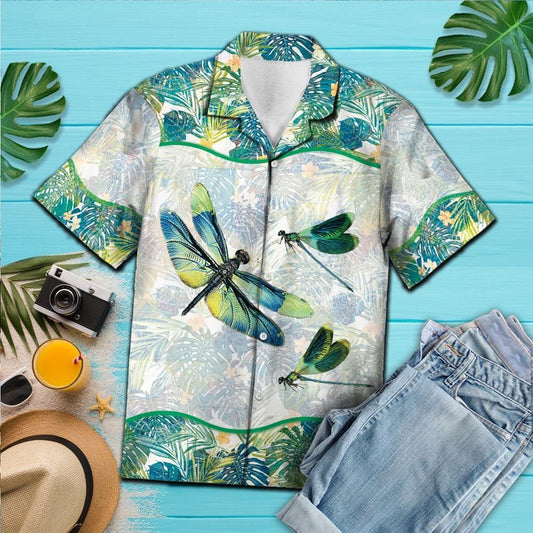 Watercolor Dragonfly With Monstera Leaves Hawaiian Shirt, Hwaiian For Gift