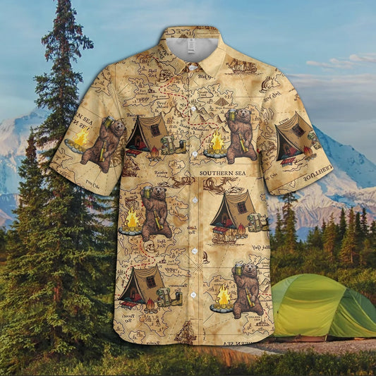 Camping Bear On Tan Background Design Hawaiian Shirt, Hawaiian For Gift