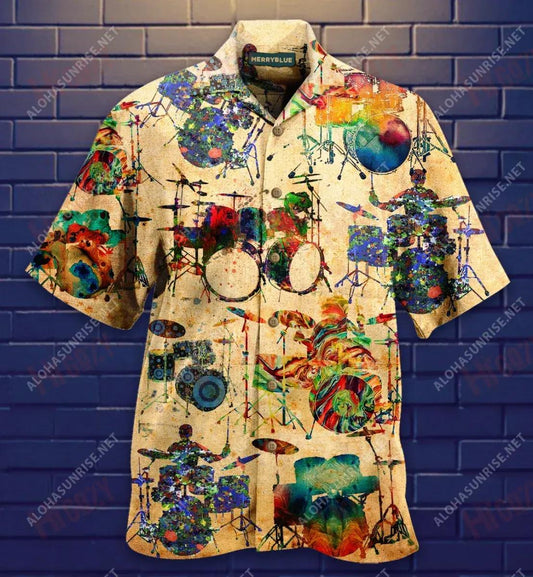 Colorful Vintage Drum Short Sleeve Shirt Vacation Aloha Shirt Custom Hawaiian Shirts Hawaiian Shirts For Women, Hwaiian For Gift