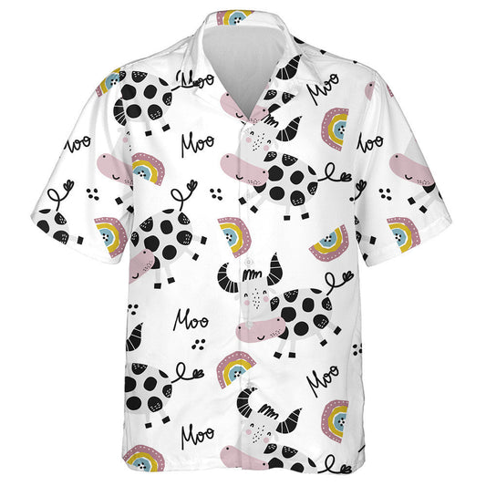 Cartoon Cow And Rainbows On White Hawaiian Shirt, Hawaiian For Gift