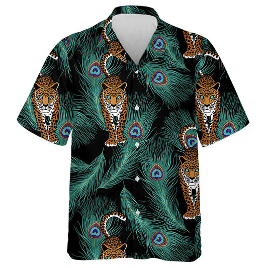 Leopard And Peacock Feather Black Background Hawaiian Shirt, Hawaiian For Gift