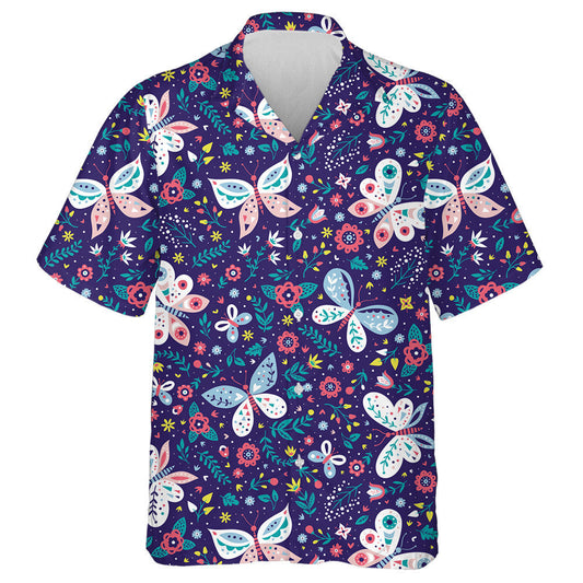 Cartoon Colorful Folk Butterflies And Flowers Hawaiian Shirt, Hawaiian For Gift